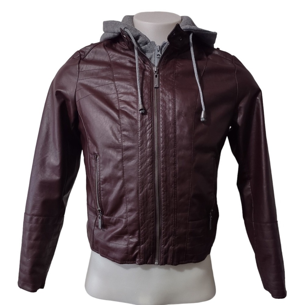 J2 Jacket Coat Women's Medium Faux Leather Removable Hood Zip Softshell Military